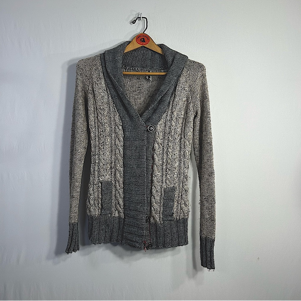BKE Gray Wool Alpaca Pocket Button Down Cardigan Knit Grandmacore Sweater Sz S